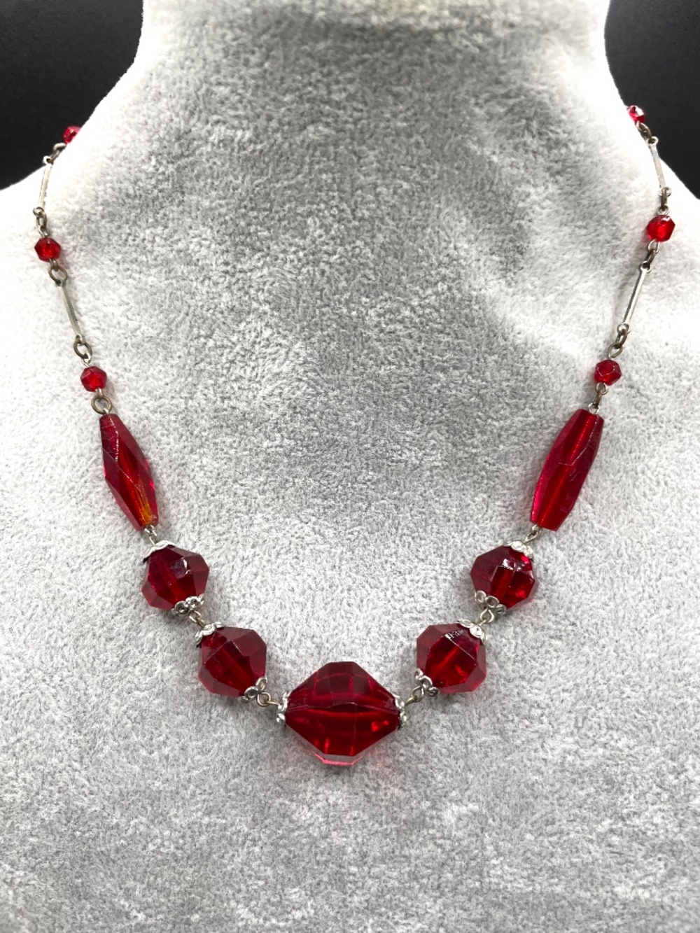 Vintage Silver Tone Red Glass Beaded Choker Necklace